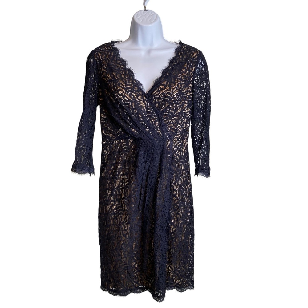Adrianna Papell Navy Blue Lace Overlay Fit-&-Flare Dress Sz 6P Elegant Cocktail